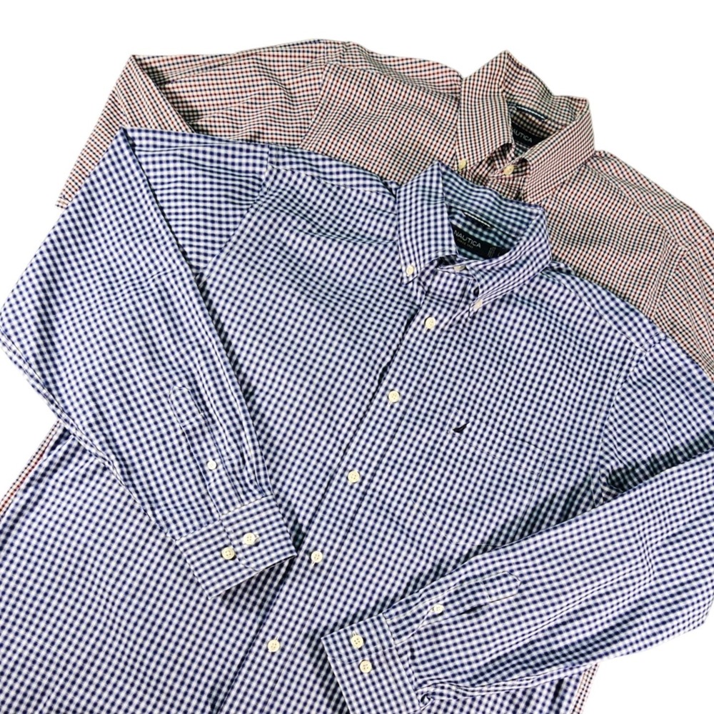 LOT of 2 Nautica Men Large L Gingham Button Down Shirts Wrinkle Resistant Cotton